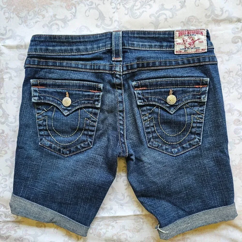 True Religion Bermuda Denim Shorts Womens 27 Rolled Cuff Long Inseam